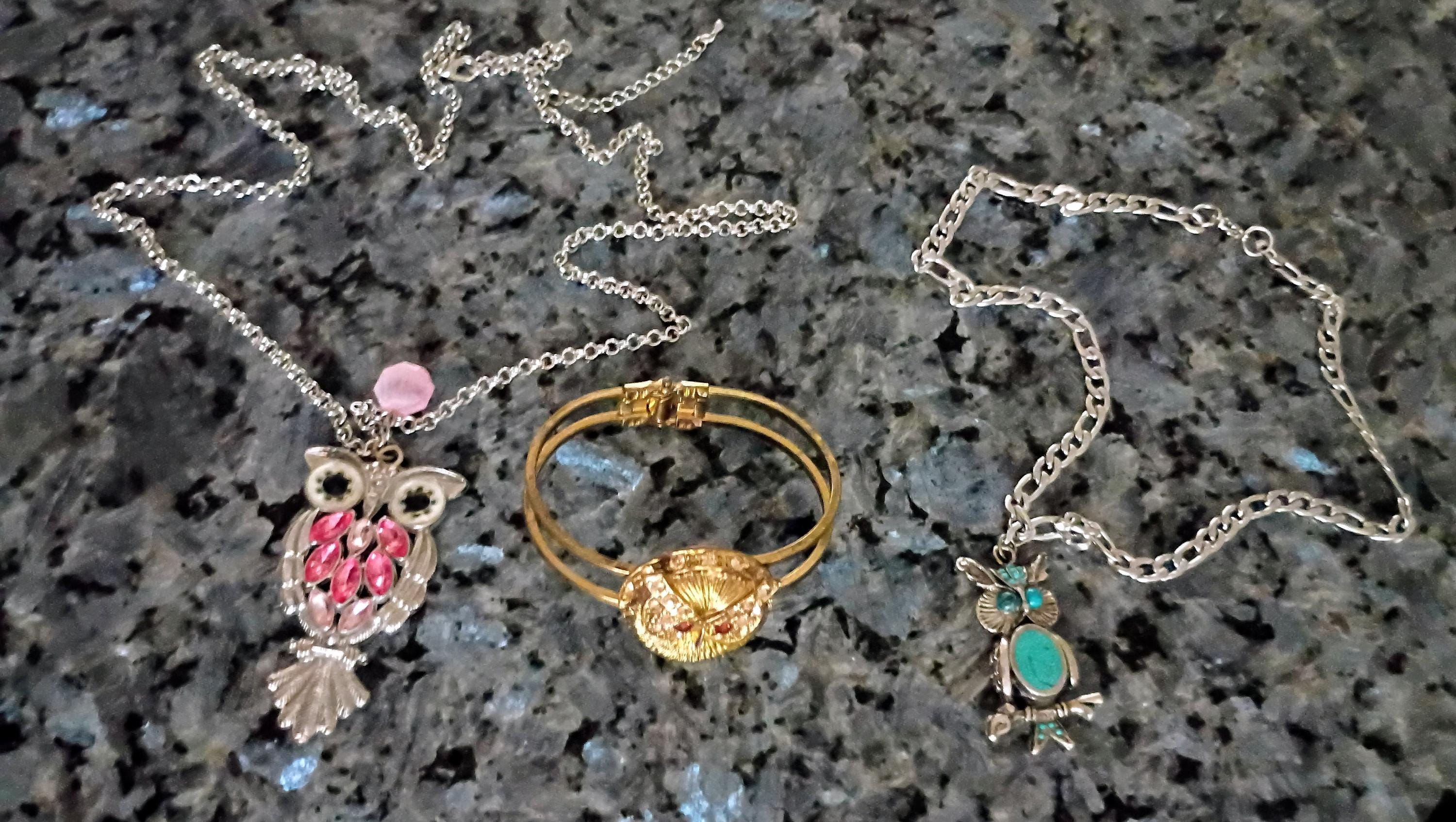 Vintage Owl Jewelry group, Hinged Bracelet, Rhinestone Pendant Necklaces