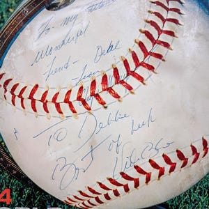 A's vs Dodgers 1974 World Series MLB program published by Cardinal Publishing Company. Autographed by Vida Blue and Angel Mangual