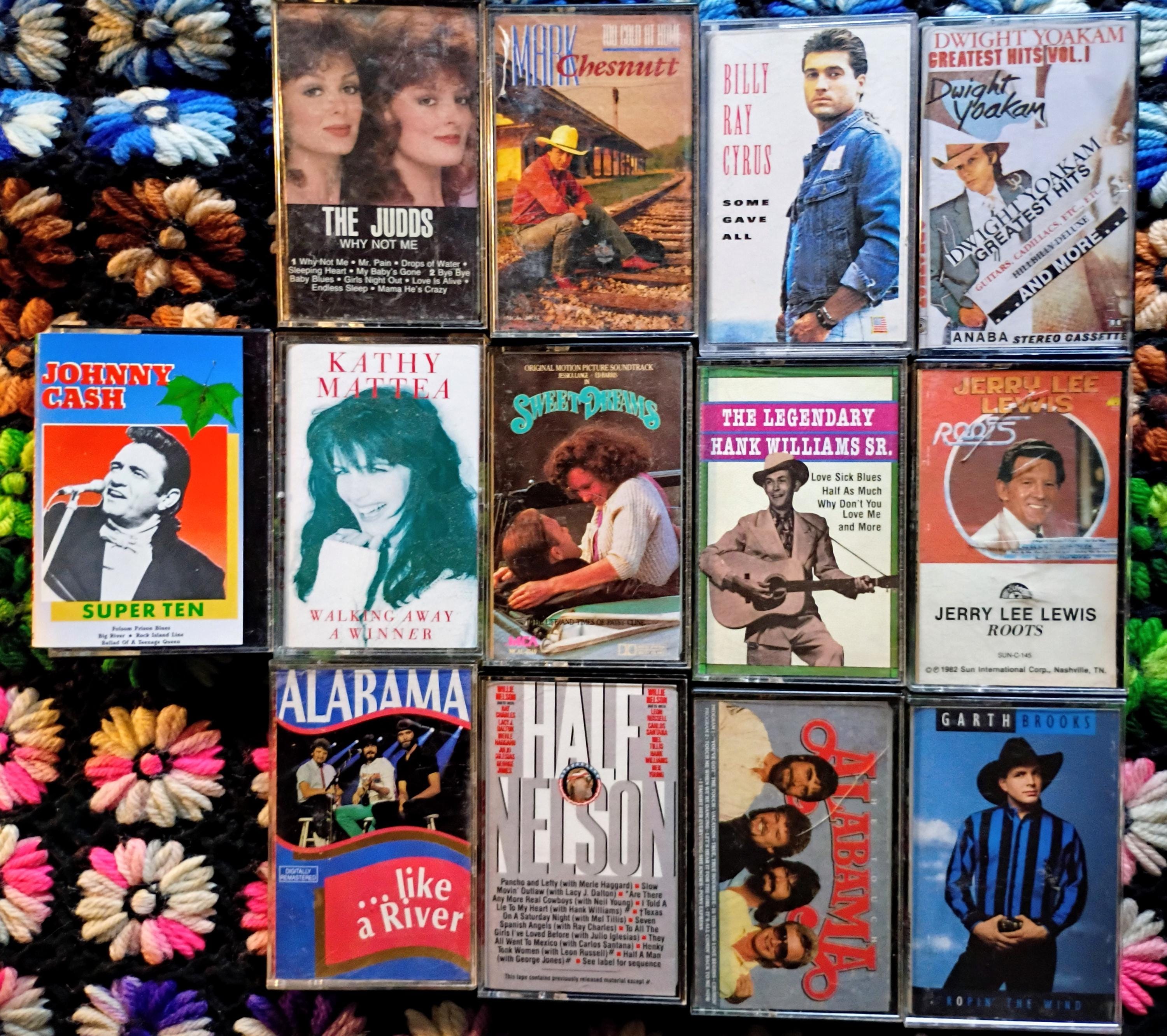 13 vintage cassette tapes, all from the 80s, country genre - Garth Brooks, Willie Nelson, Alabama, Billy Ray Cyrus see detail listing:
