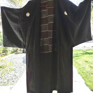 Vintage long black silk reversible kimono robe gender neutral