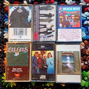 6 vintage Cassette Tapes: 80s Pop Rock - Beach Boys, ABBA, Bee Gees, Bob Dylan, Doobie Brothers and Huey Lewis