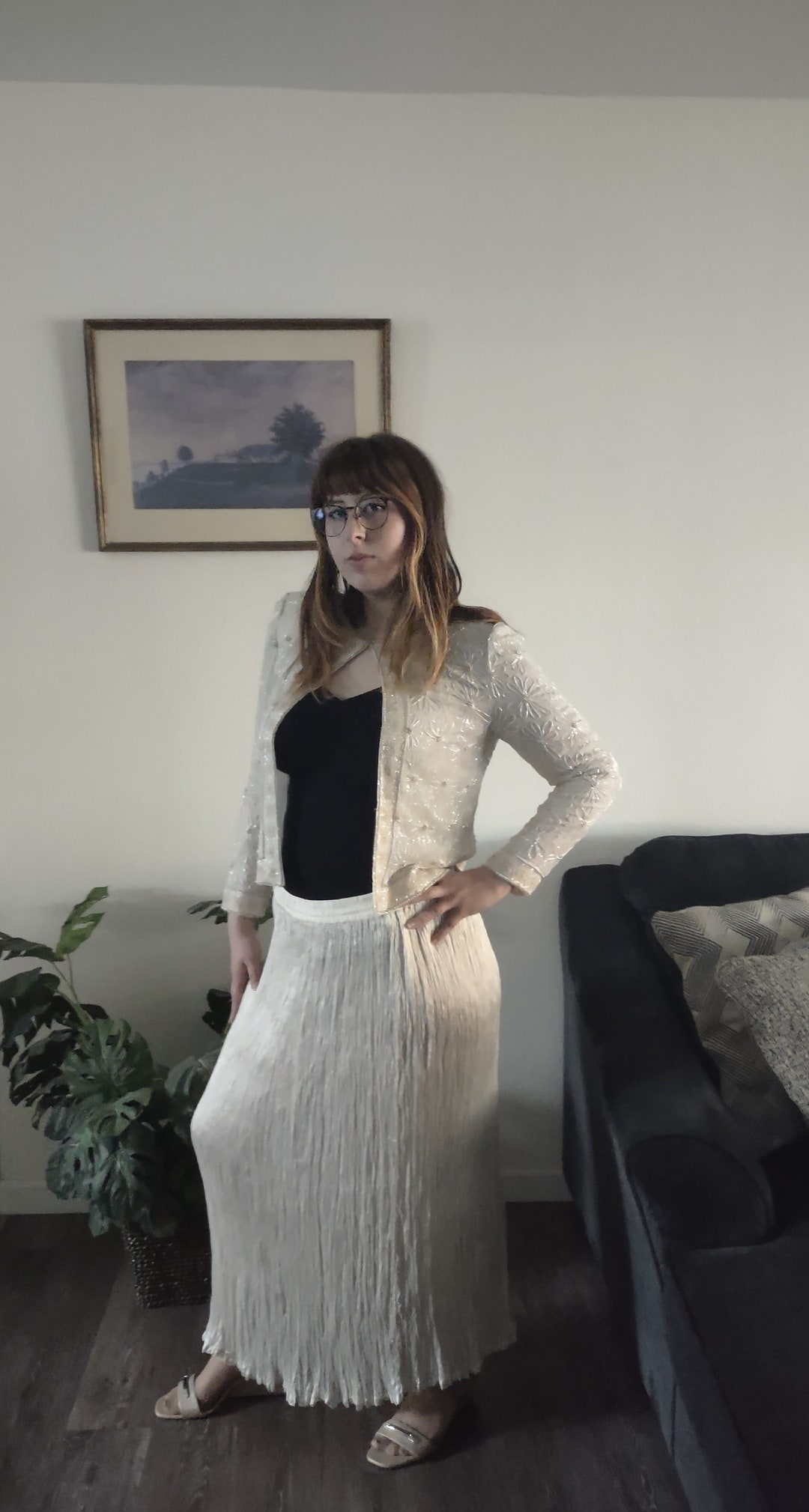 Ensemble Soirée Papell Boutique - Blouse En Soie à Perles Et Jupe, Bleu Marine Et Argent, Taille 8, Occasion TB
