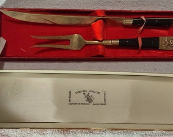 Vintage Bronze Meat Carving Set, Buffalo Horn Handles, Thailand