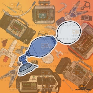 May include: An illustration featuring medical equipment, including a blue bag valve mask, various monitors, and an ambulance. The background is a gradient of orange and yellow, with the text "THE BOOBOO CREW" repeated throughout.