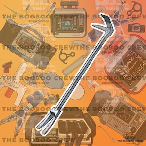 May include: A silver metal pry bar with a hooked end. The pry bar is isolated against a background of medical equipment, including a defibrillator, a stethoscope, and a bag valve mask.