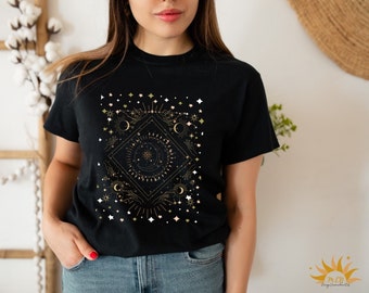 Women's T-Shirt Golden Moon - Celestical Clothing, Boho Clothing, Gothic, Sun Moon Stars, Cotton T-Shirt, Mystical Designs