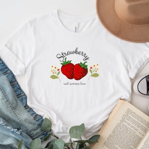 Strawberry T-Shirt - Summer, Love, Strawberry, Fruits, Women&#39;s T-Shirt, Motif Shirt, Cotton T-Shirt, Plant Motif, Classic Clothing