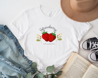 Strawberry T-Shirt - Summer, Love, Strawberry, Fruits, Women&#39;s T-Shirt, Motif Shirt, Cotton T-Shirt, Plant Motif, Classic Clothing