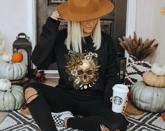 Halloween Sweatshirt Skull- Celestical Clothing, Boho Clothing, Gothic, Sun Moon Stars, Mystical Designs