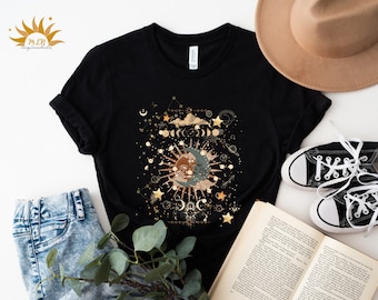 T-Shirt Femme Soleil et Lune - Vêtements Célestes, Vêtements Boho, Gothique, Étoiles Soleil Lune, T-Shirt en Coton, Dessins Mystiques