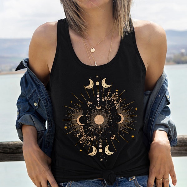 Top Sonne Mond, Mystisches Design, Boho Style, Gothic, Celestical, Halloween, Witch