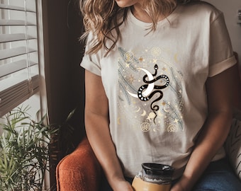 Women&#39;s T-Shirt, Magic Snake, Boho Style, Sun Moon Stars, Mystic, Unisex, Cotton, Gothic Clothing, Celestical