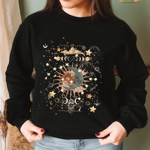 Women's Sweater Sun and Moon - Celestical Clothing, Boho Clothing, Gothic, Sun Moon Stars, Mystical Designs