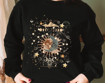 Women's Sweater Sun and Moon - Celestical Clothing, Boho Clothing, Gothic, Sun Moon Stars, Mystical Designs