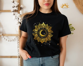 Women's T-Shirt Sun and Moon - Celestical Clothing, Boho Clothing, Gothic, Sun Moon Stars, Cotton T-Shirt, Mystical Designs, Gold