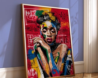 Abstract Graffiti Afro Girl Art Print: Red Caribbean Home Decor (Digital Download)