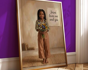 Jesus Loves Me and You Christian Wall Art, African American Girl Faith Poster, Black Happy Kids Art, Christian Print, Spiritual Home Decor