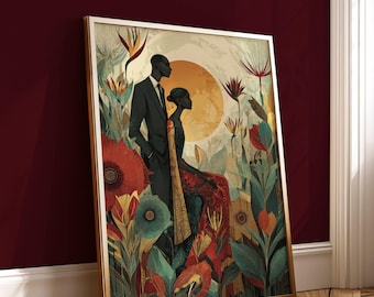 May include: A framed art print featuring a couple in a garden setting. The artwork depicts a man in a suit and a woman in a patterned dress, set against a backdrop of colorful flowers and a golden sun. The print has a gold frame.