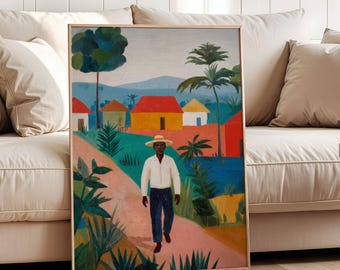 African Village Wall Art Print, Colorful Ethnic Landscape Poster, Tropical Rural Scene Artwork, Cultural Home Decor, Vibrant Folk Art