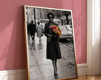 Elegant Black Woman Wall Art, Vintage New York Photography, Black and White Print with Color Flowers, 1960s Fashion Poster, Digital Download