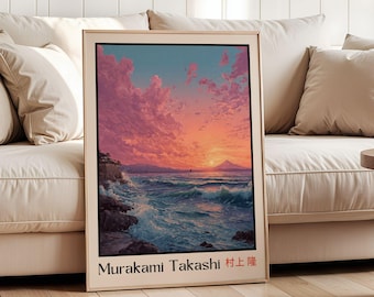Japanese Sunset Wall Art Print, Ocean Wave Landscape Poster, Pink Sky Seascape Art, Minimalist Japandi Decor, Coastal Artwork