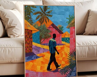 African Village Wall Art Print, Colorful Tropical Street Scene, Caribbean Style Poster, Ethnic Art Decor, Vibrant Cultural Artwork