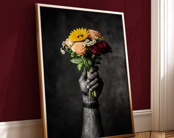 Flower Bouquet Wall Art, Black and White Photo, Ethnic Hand Holding Flowers Print, , Modern Minimalist Botanical Decor, Sunflower Poster