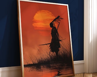 African Warrior Sunset Wall Art | Afro Silhouette Print | Tribal Strength African Art Decor | Bold Orange Sun Poster Digital Download