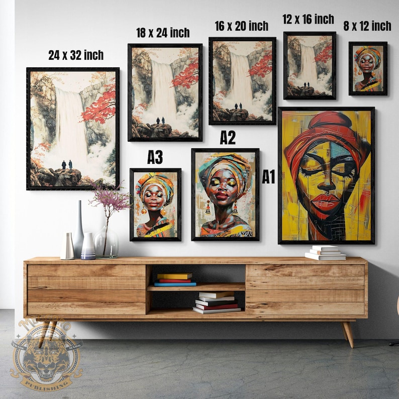 Pu&ograve; includere: Cinque stampe d'arte incorniciate di diverse dimensioni e design. Le stampe presentano una scena di cascata, una donna con un turbante colorato e una donna con un turbante colorato e uno sfondo giallo. Le stampe sono etichettate con le loro dimensioni in pollici: 24 x 32, 18 x 24, 16 x 20, 12 x 16 e 8 x 12.
