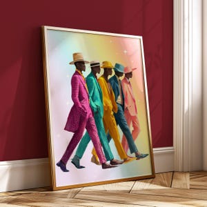 May include: A framed art print depicting five figures in vibrant suits and hats, walking in a line. The suits are pink, turquoise, yellow, blue, and coral. The background is a pastel gradient with stars.