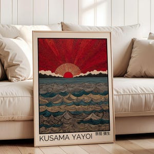 Yayoi Kusama Poster, Kusama Yayoi inspiriert Japanische Pilz Landschaft Poster, Rote Sonne Natur Kunstdruck, moderne psychedelische Wanddekoration, digital