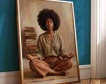 Afro Meditation Wall Art | African American Yoga Woman Print | Mindfulness Books Illustration | Calm Spiritual Decor