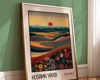 Japandi Sunset Landscape Print, Red Sun Mountain Wall Art, Minimalist Japanese Inspired Floral Hills Poster, Modern Boho Home Decor
