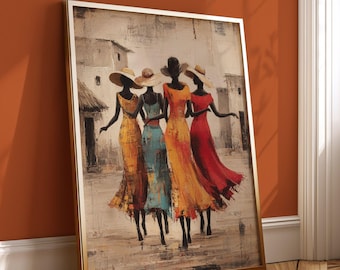 African Women Wall Art, Vintage Village Painting, Elegant Black Women Print, Ethnic Cultural Artwork, Minimalist Neutral Decor