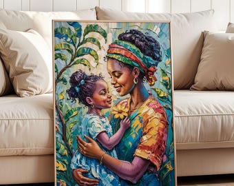 May include: A framed art print depicting a mother and child. The artwork features vibrant colors and a textured, painterly style. The mother and child are embracing, with the child holding a yellow flower. The background includes green foliage.