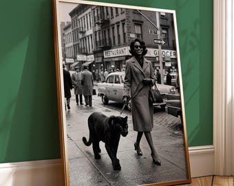Elegant Black Woman Wall Art, Vintage New York Photography, Black Panther Art Print, 1960s Fashion Poster, Black and White Decor