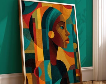 African Abstract Woman Wall Art, Colorful Geometric Portrait Print, Modern Ethnic Art Poster, Bold Contemporary Home Decor