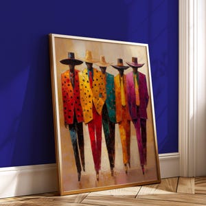 May include: An abstract painting depicting five figures in vibrant suits and hats. The suits are red with black spots, yellow with orange spots, teal, orange, and purple. The figures are in a line, set against a neutral backdrop, within a gold frame.