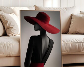 Red Hat Black and White Wall Art, Elegant Ethnic Woman Fashion Poster, Minimalist Luxury Art Picture, Selective Color Modern Decor