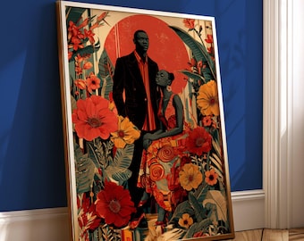 May include: A framed art print featuring a couple in a garden setting. The artwork showcases a man in a black suit and a woman in a patterned dress, set against a backdrop of vibrant red and yellow flowers and a large red sun.