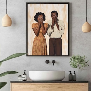 May include: A painting of a couple, a man and a woman, both with their hands over their mouths in a surprised expression. The woman is wearing a floral dress and the man is wearing a striped shirt and brown pants. The background is a light beige color.
