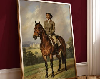 African American Equestrian Art Print | Aristocratic Girl on Horse Portrait | British Countryside Manor Wall Decor