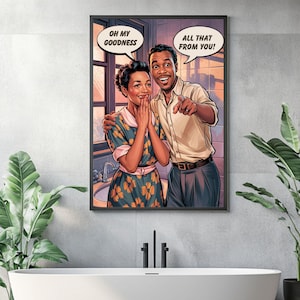 Funny African American Couple Bathroom Print: Retro Comic Art. (Digital Download)