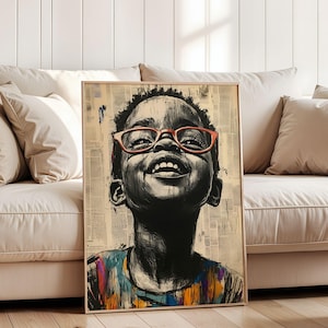 Póster de niño negro sonriente, niño afroamericano, impresión satinada, obra de arte abstracta negra, imagen étnica de moda, regalo para oficina, dormitorio y hogar.
