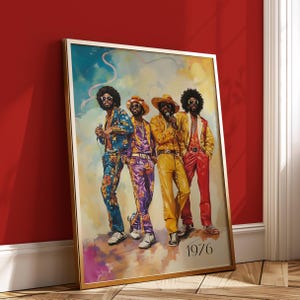 May include: A framed art print depicting four people in vibrant, patterned clothing, each with a microphone. The artwork has a retro style, with the year "1976" at the bottom. The background is a blend of blues, yellows, and oranges.