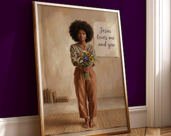 Jesus Loves Me and You Christian Wall Art, African American Faith Poster, Inspirational Religious Art Print, Christian Home Decor,