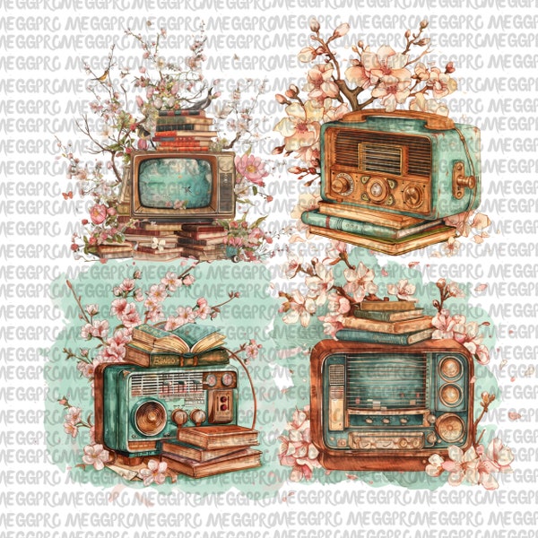 10 watercolor Book Clipart,Vintage Television,Transistor Radio,Printable,300Dpi,JPEG Digital download,Sublimation,junk journal,Scrapbooking,