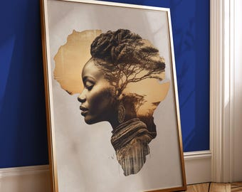 Africa Queen Double Exposure Wall Art | Afro Woman Silhouette Print | Golden Sunset African Portrait Decor