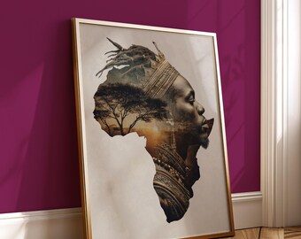 Africa King Double Exposure Wall Art | Afro Male Silhouette Portrait | Golden Savannah African Heritage Decor
