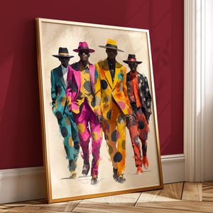 May include: Four men wearing colourful polka dot suits and hats. The suits are pink, yellow, blue and green. The men are standing in a row, looking forward.